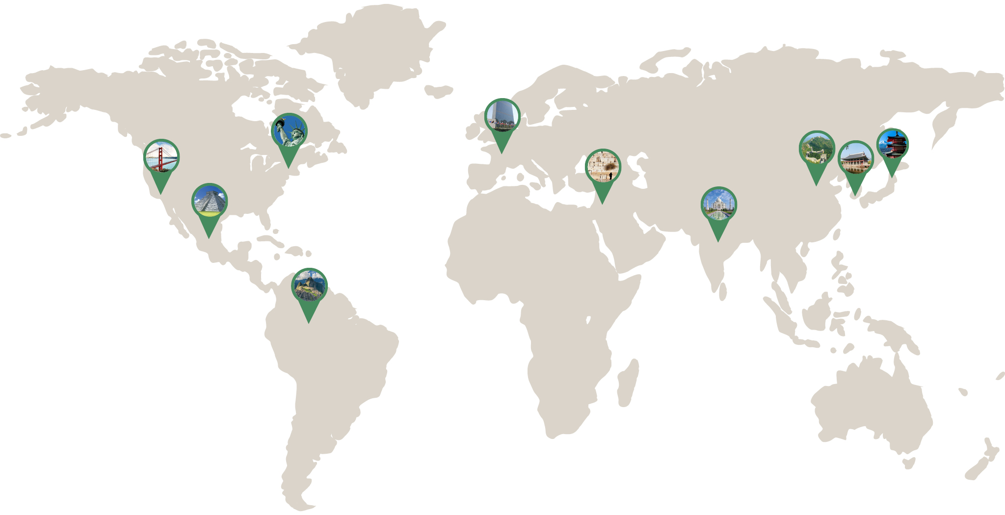 Map Of The World With Green Pins on Major Landmarks Across the Globe