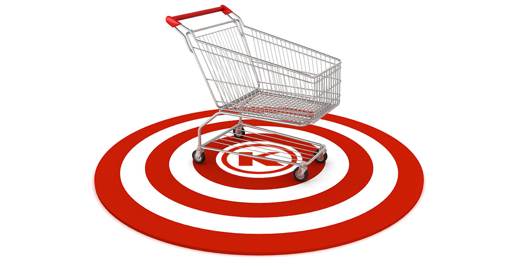 Graphic image of a shopping cart on top of a large, red target with the OK Kosher symbol in the middle.