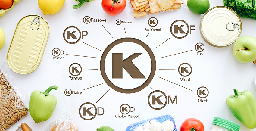 Un gráfico que representa varios productos alimenticios frescos y símbolos kosher.